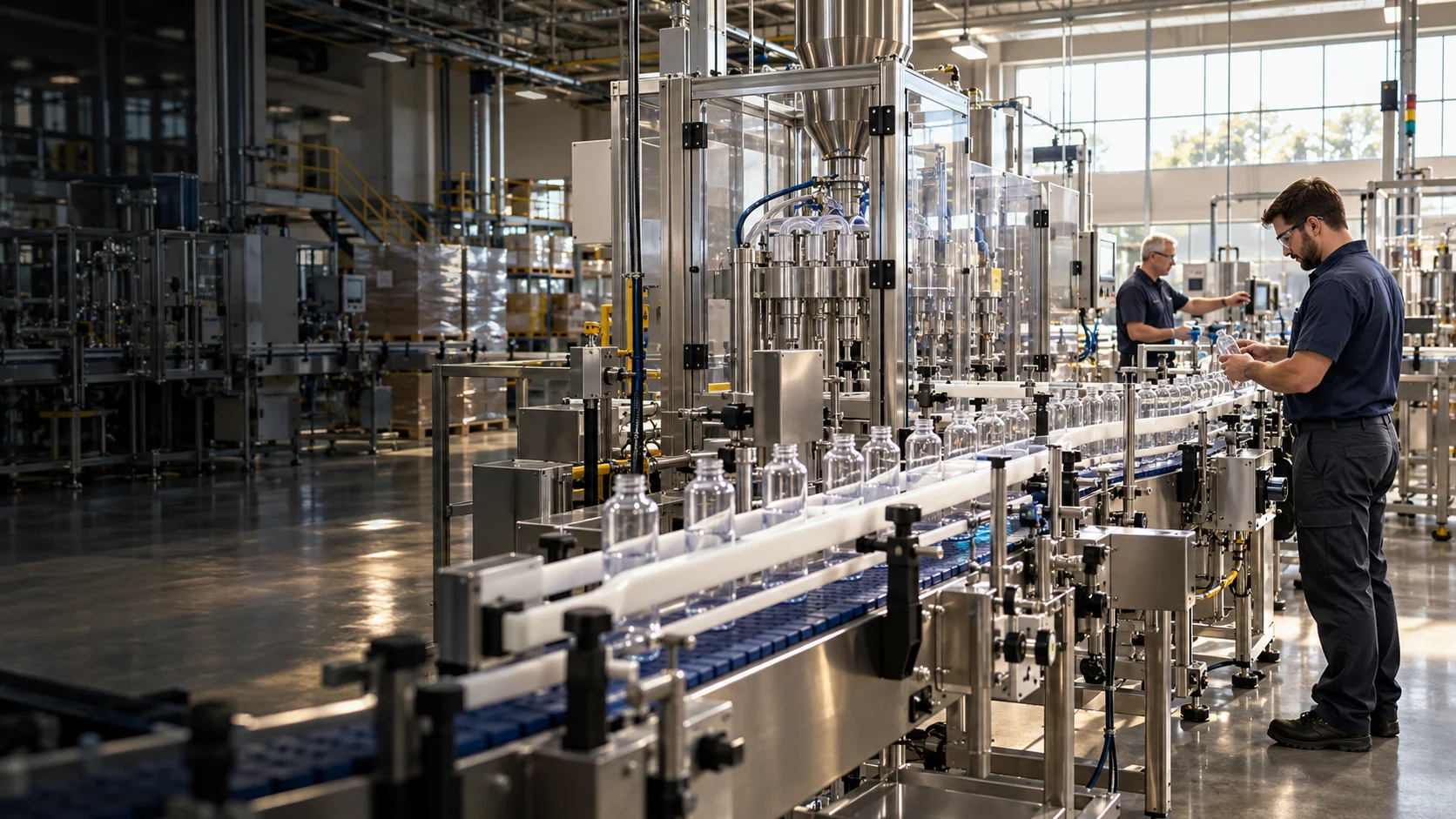 A bright packaging factory with a technician working at a stainless conveyor.