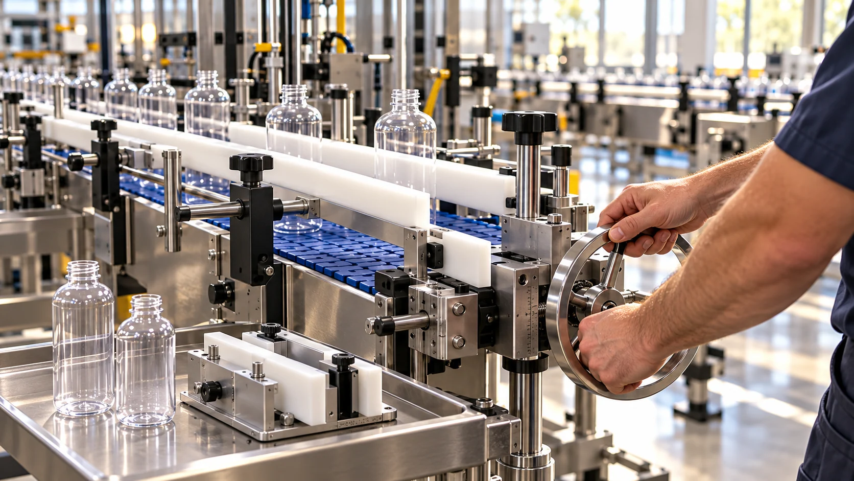 A technician turns the guide-rail adjustment wheel on a stationary conveyor.