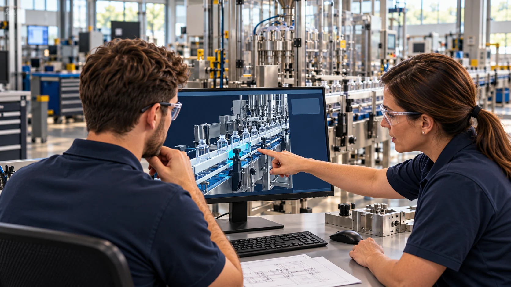 An engineer and instructor review a digital conveyor model at a workstation.