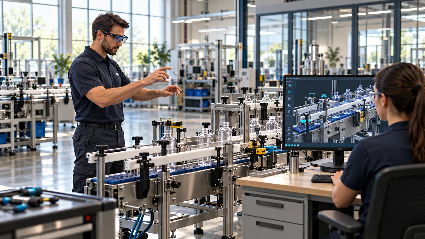 A technician rehearses beside a training station while a colleague views the digital model.