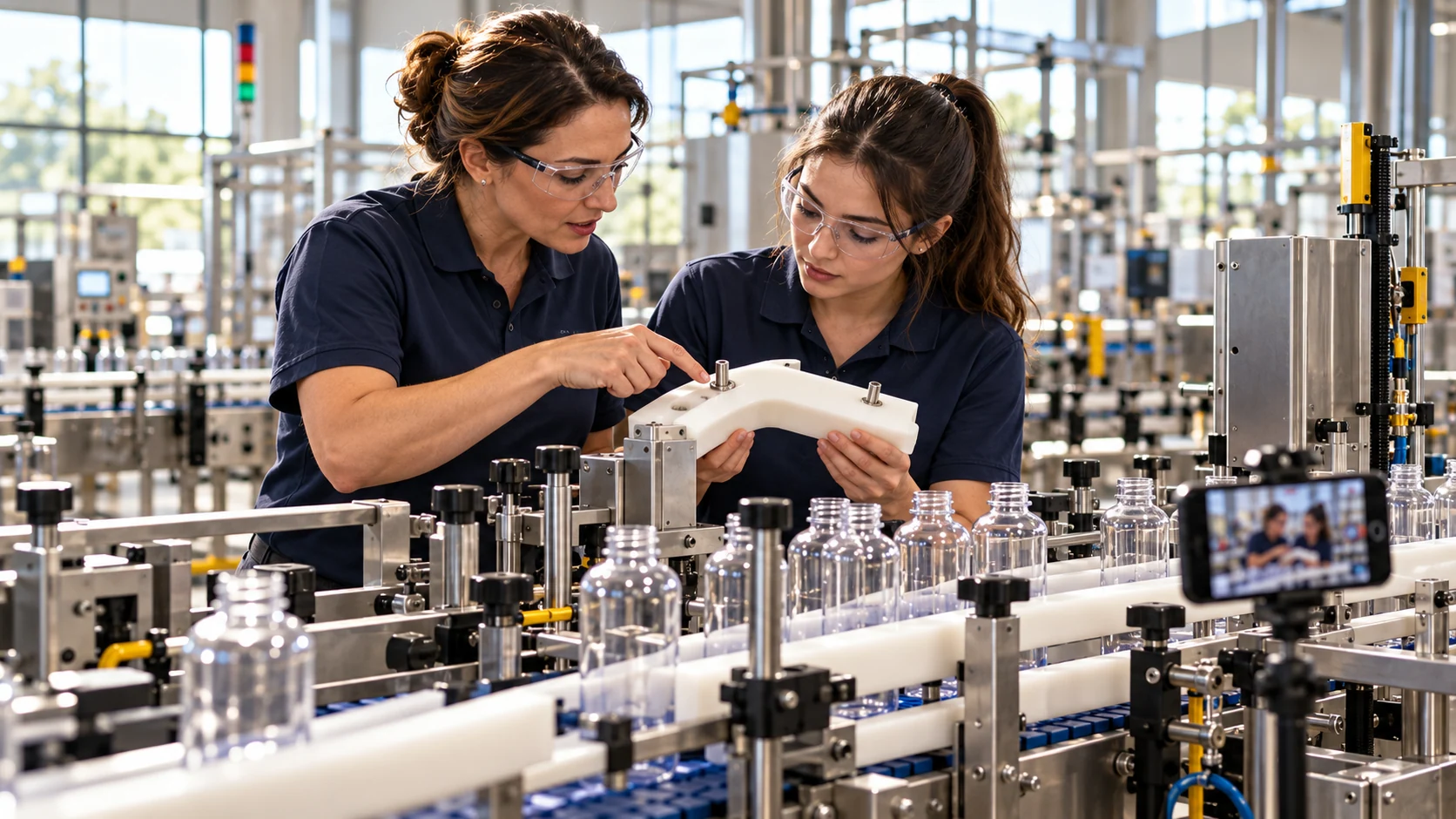 An experienced technician explains a guide-block interface to a colleague.