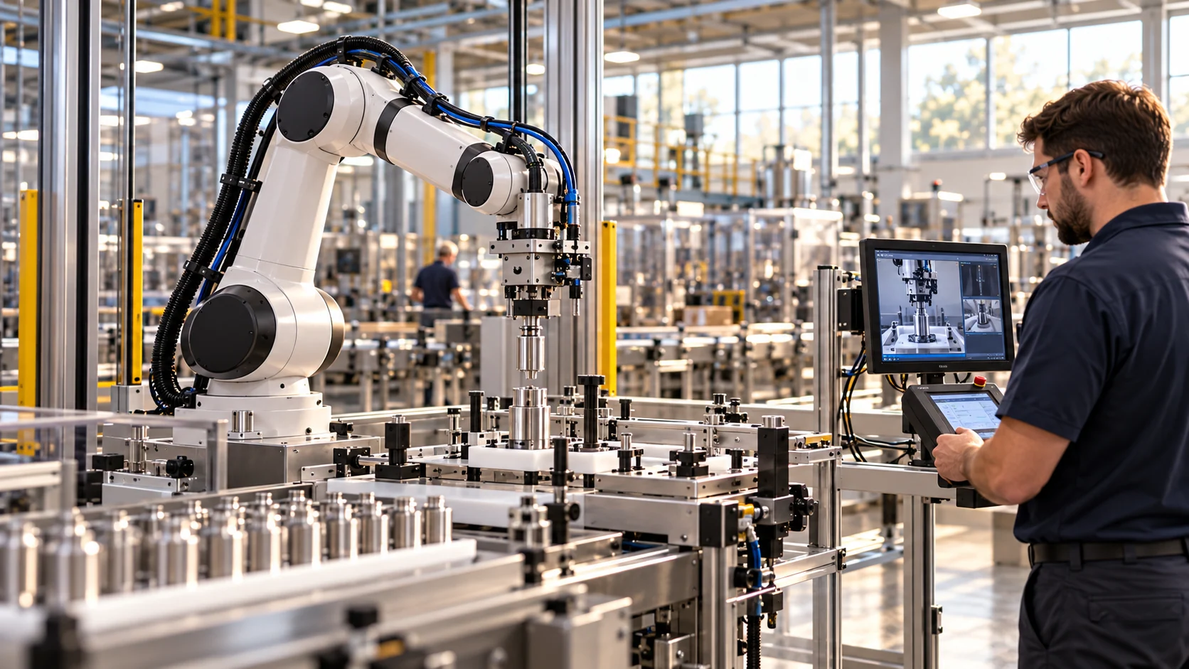 An engineer supervises a robot-development cell and cartridge fixture.